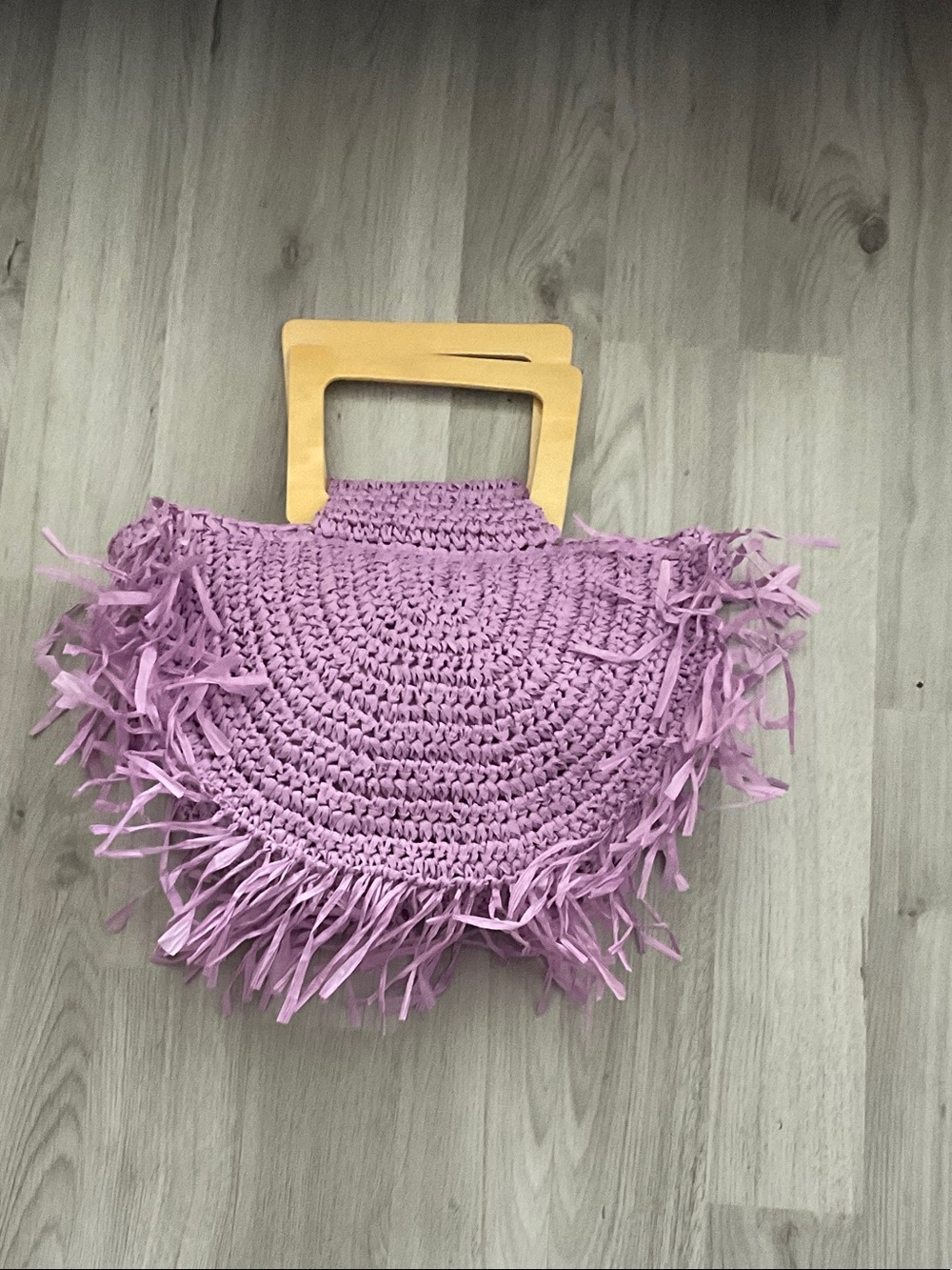 Lavender Fringe Crochet Tote with Wooden Handles